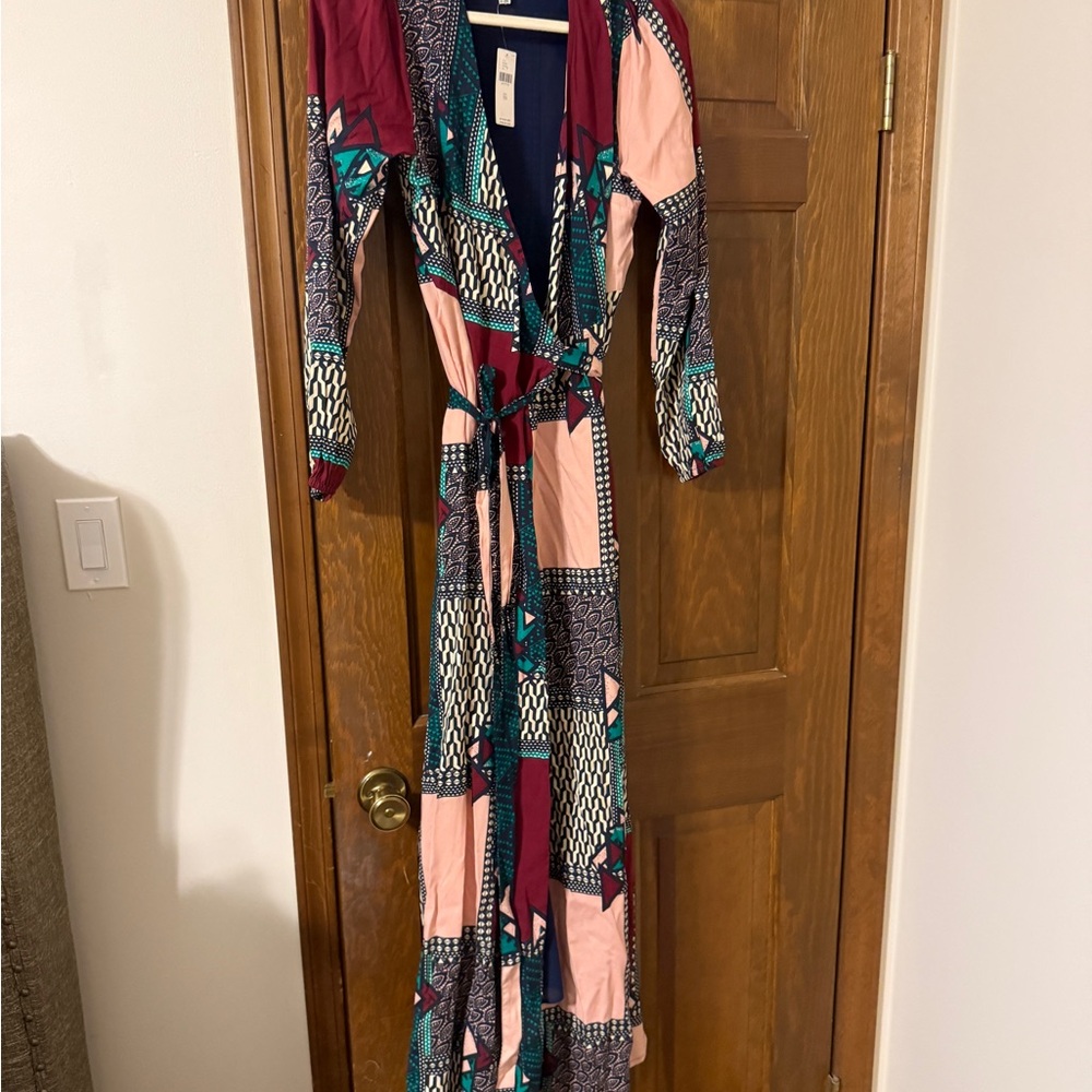 Patchwork Wrap Maxi Dress in Pink & Teal